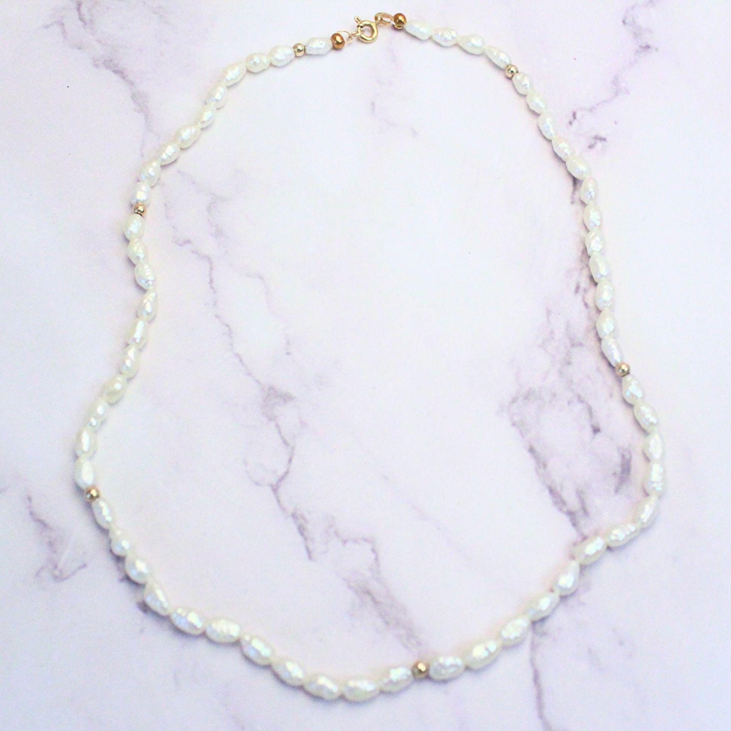 Authentic Rice Pearl 15” Necklace With 14k Solid Gold Beads Precious Fine Vintage Jewelry