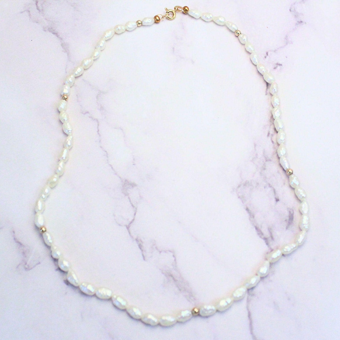 Authentic Rice Pearl 15” Necklace With 14k Solid Gold Beads Precious Fine Vintage Jewelry