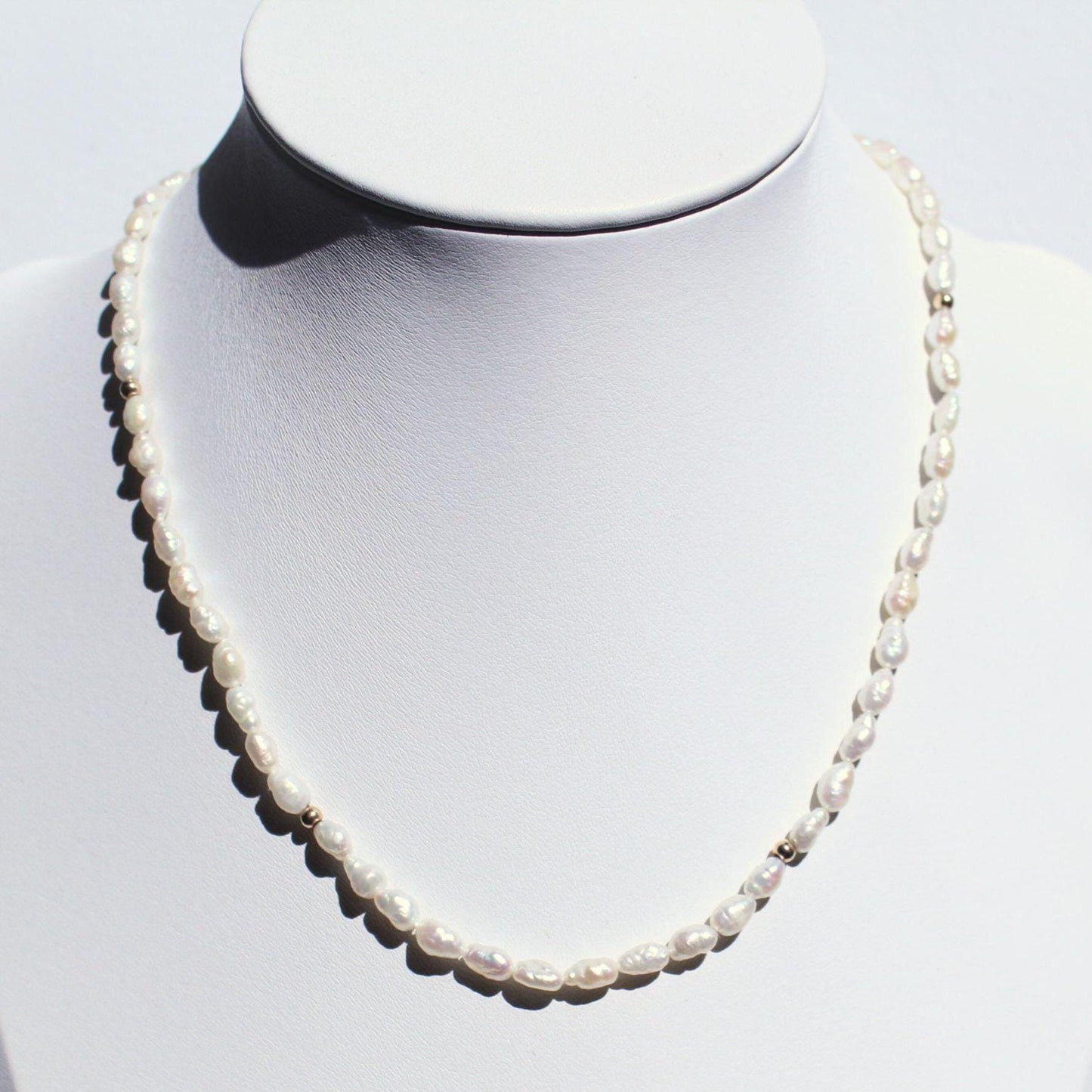 Authentic Rice Pearl 15” Necklace With 14k Solid Gold Beads Precious Fine Vintage Jewelry