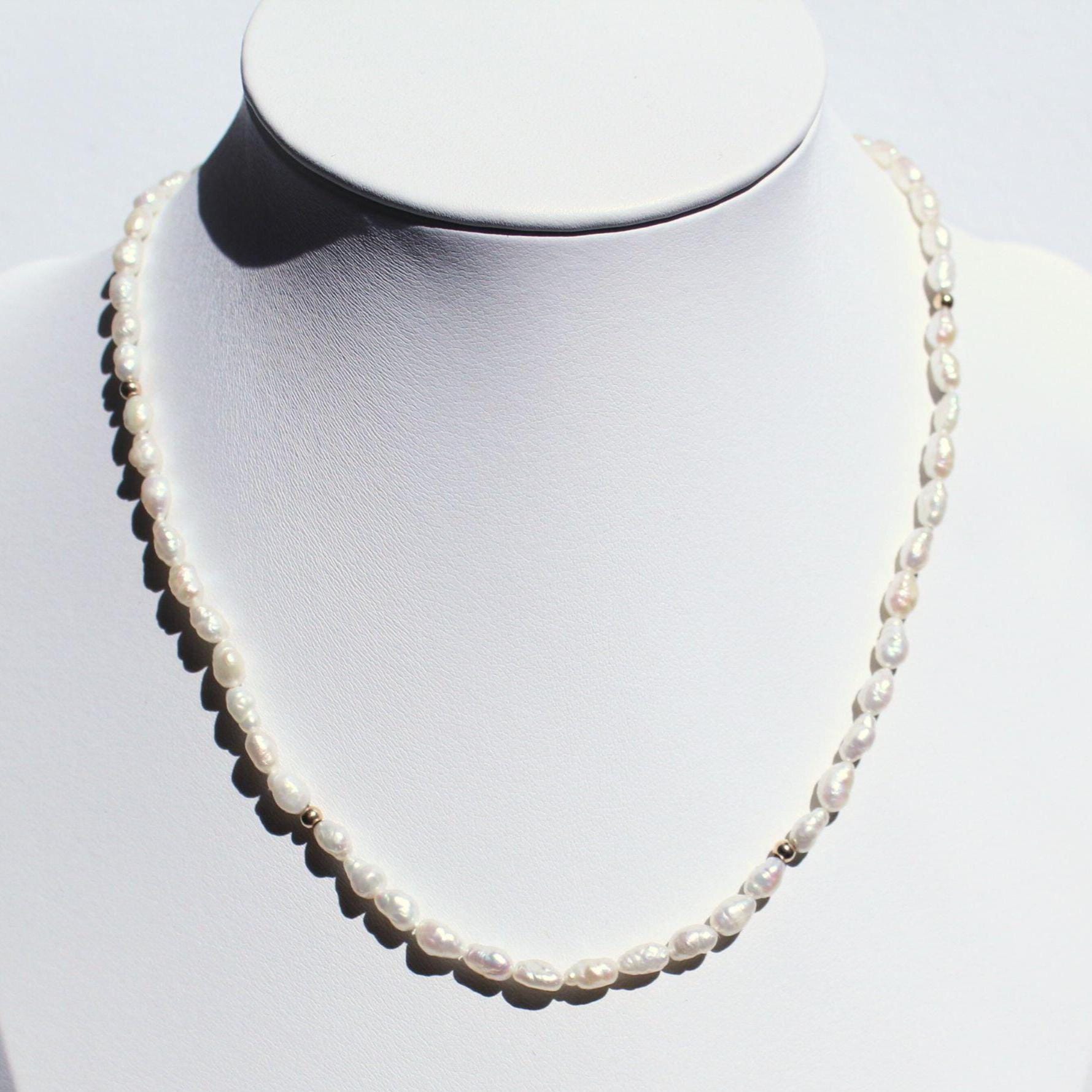 Authentic Rice Pearl 15” Necklace With 14k Solid Gold Beads Precious Fine Vintage Jewelry