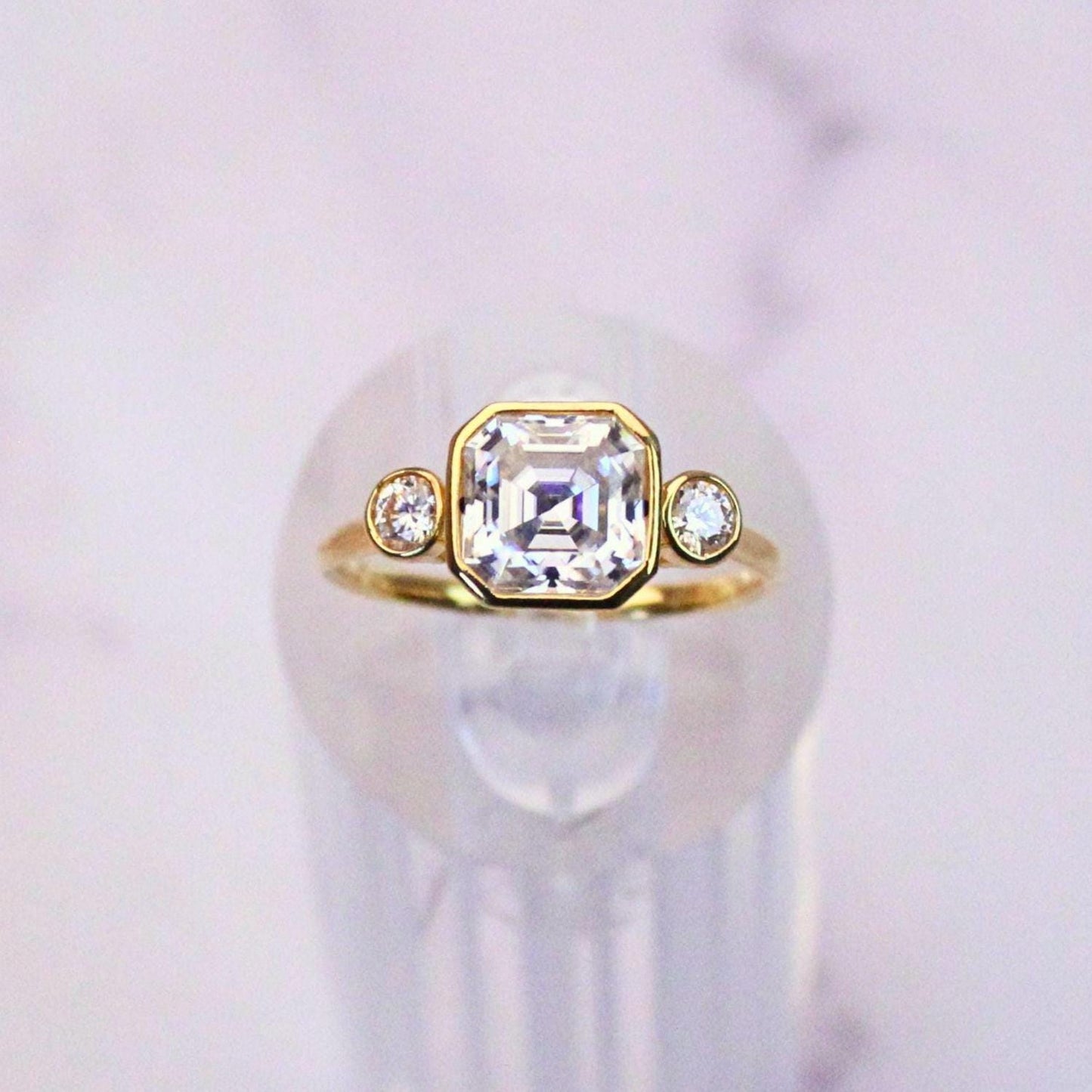 14K Solid Gold Hollow Avery Ring with 2ct Center Moissanite and 2 Side Zircon