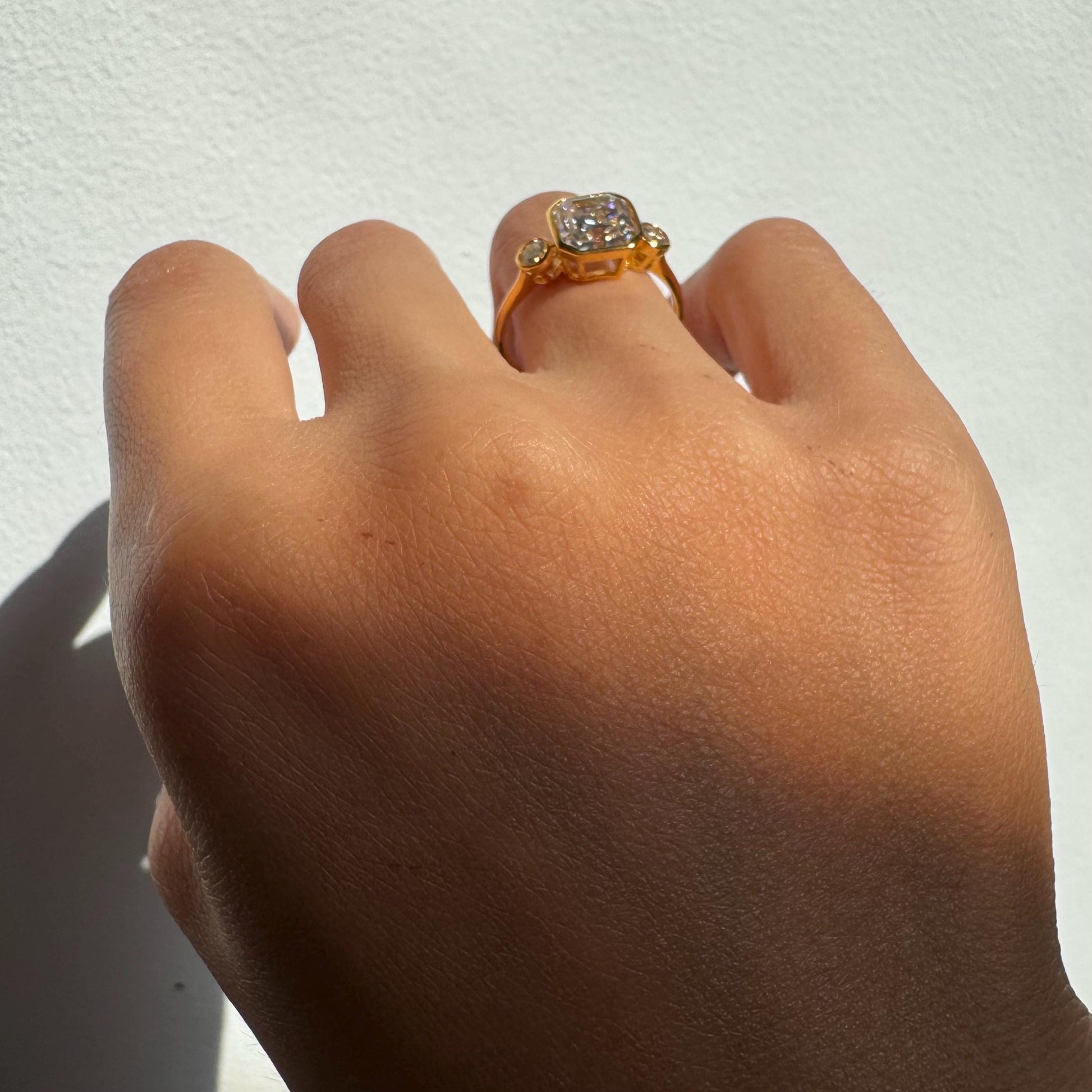 14K Solid Gold Hollow Avery Ring with 2ct Center Moissanite and 2 Side Zircon