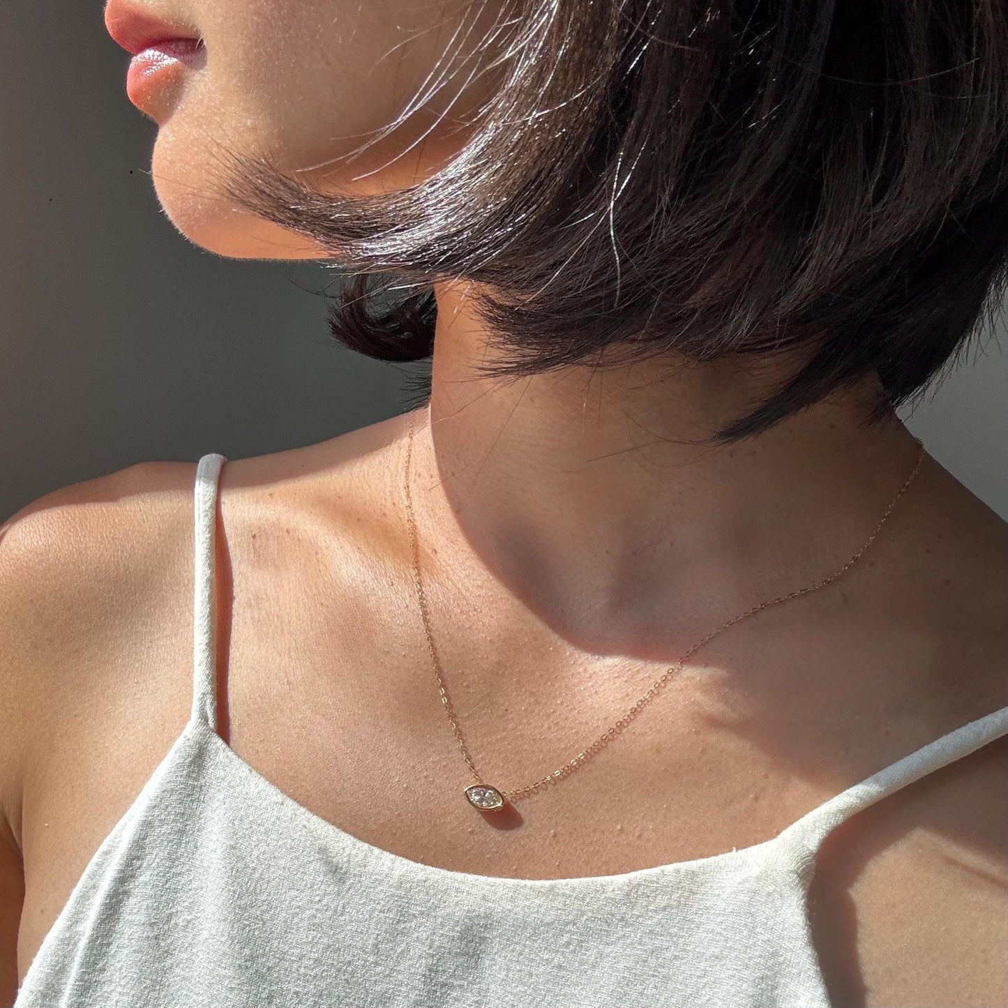 18K Solid Gold Marquise 0.5ct Moissanite Rose Necklace: Minimalist Bezel Setting