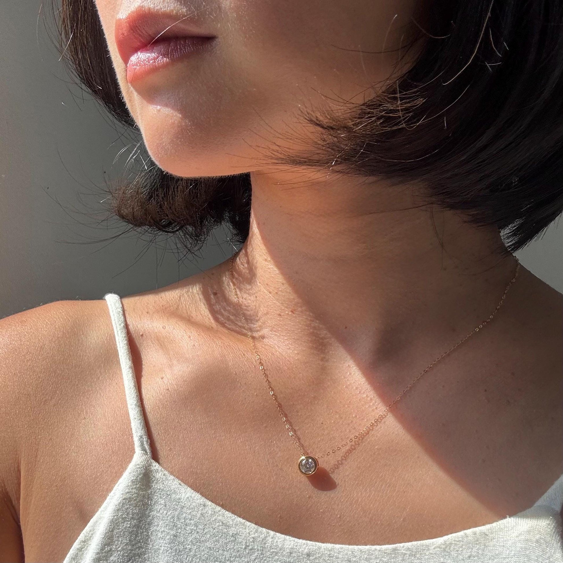 18k Solid Gold 0.5ct Moissanite Solitaire Mae Necklace: Minimalist Bezel Setting