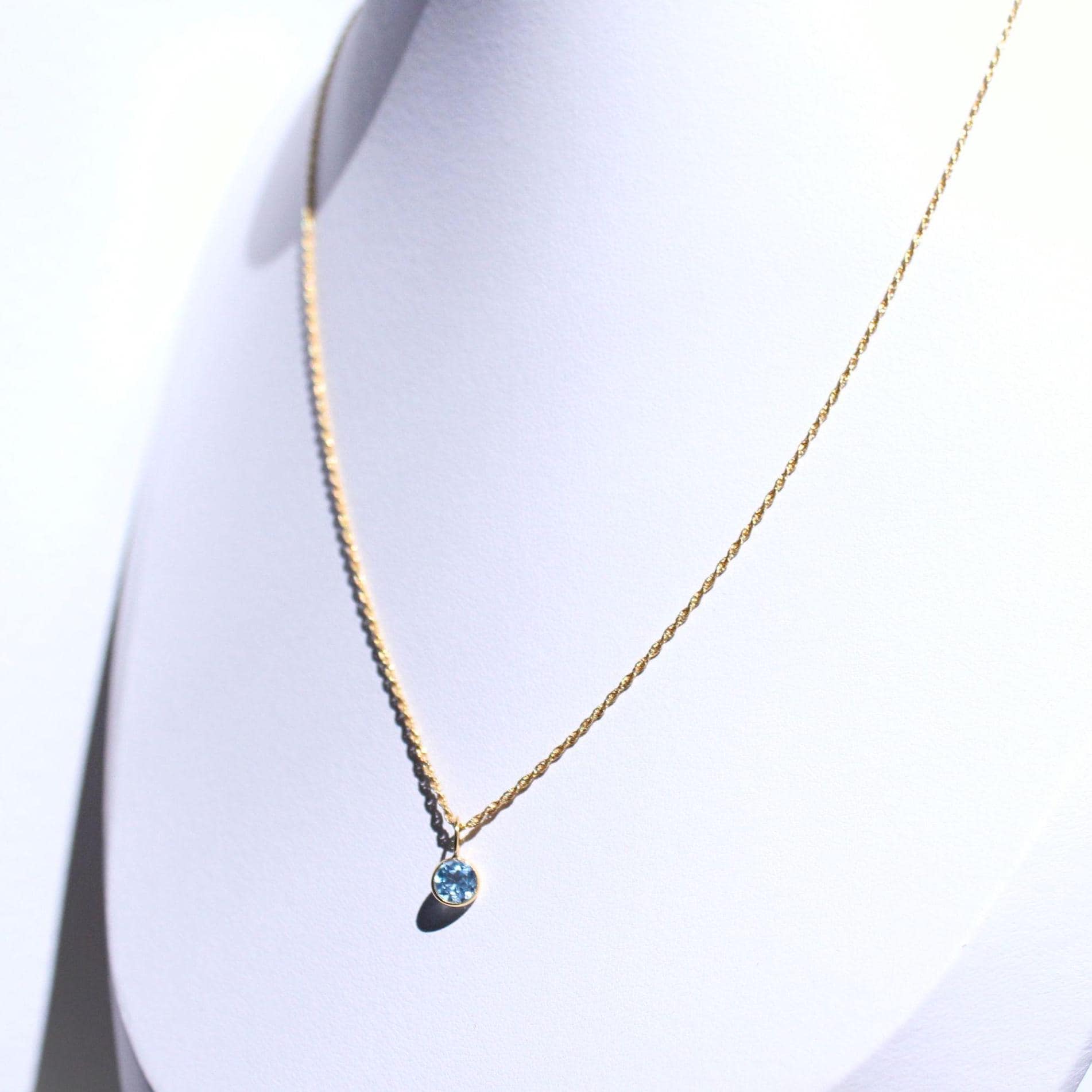 18K Solid Gold Lori Blue Topaz Necklace: Dainty December Birthstone Pendant