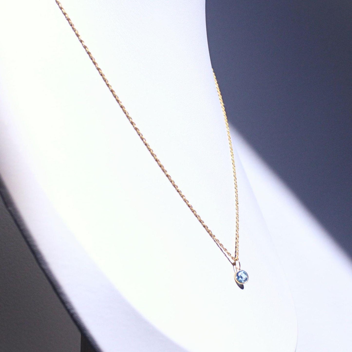 18K Solid Gold Lori Blue Topaz Necklace: Dainty December Birthstone Pendant