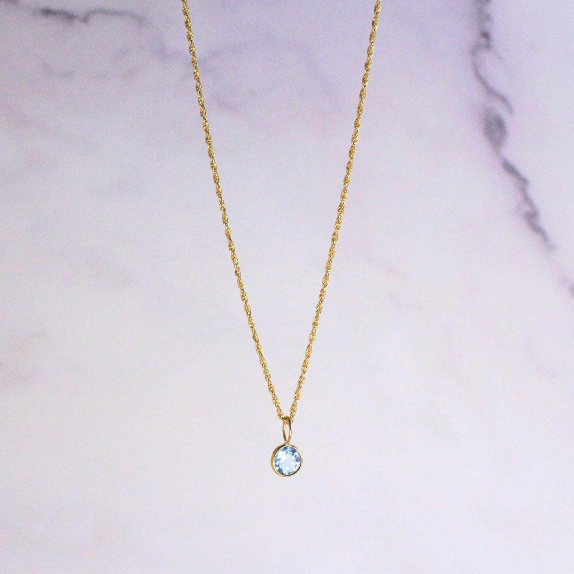 18K Solid Gold Lori Blue Topaz Necklace: Dainty December Birthstone Pendant