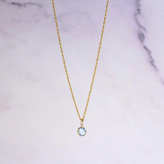 18K Solid Gold Lori Blue Topaz Necklace: Dainty December Birthstone Pendant