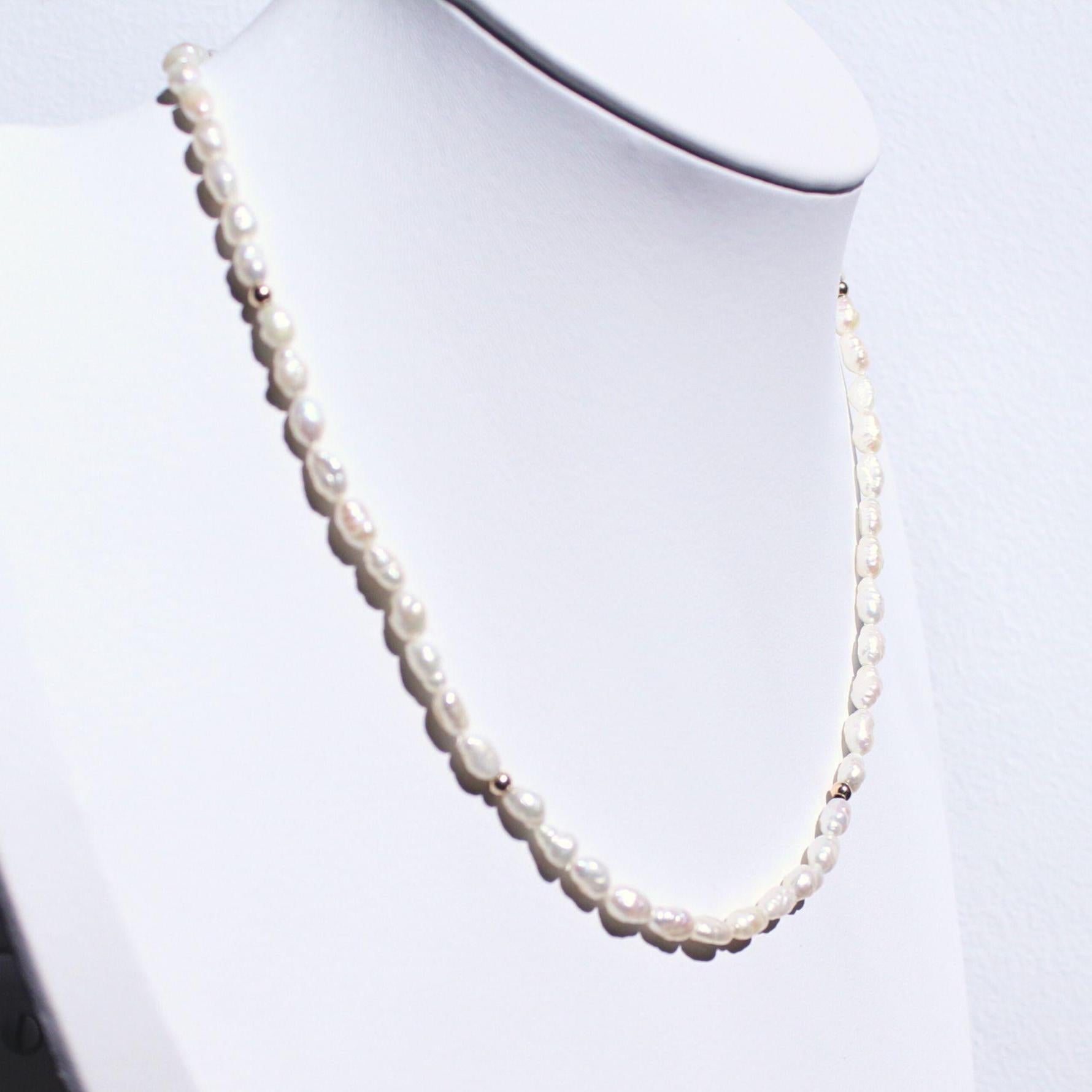 Authentic Rice Pearl 15” Necklace With 14k Solid Gold Beads Precious Fine Vintage Jewelry
