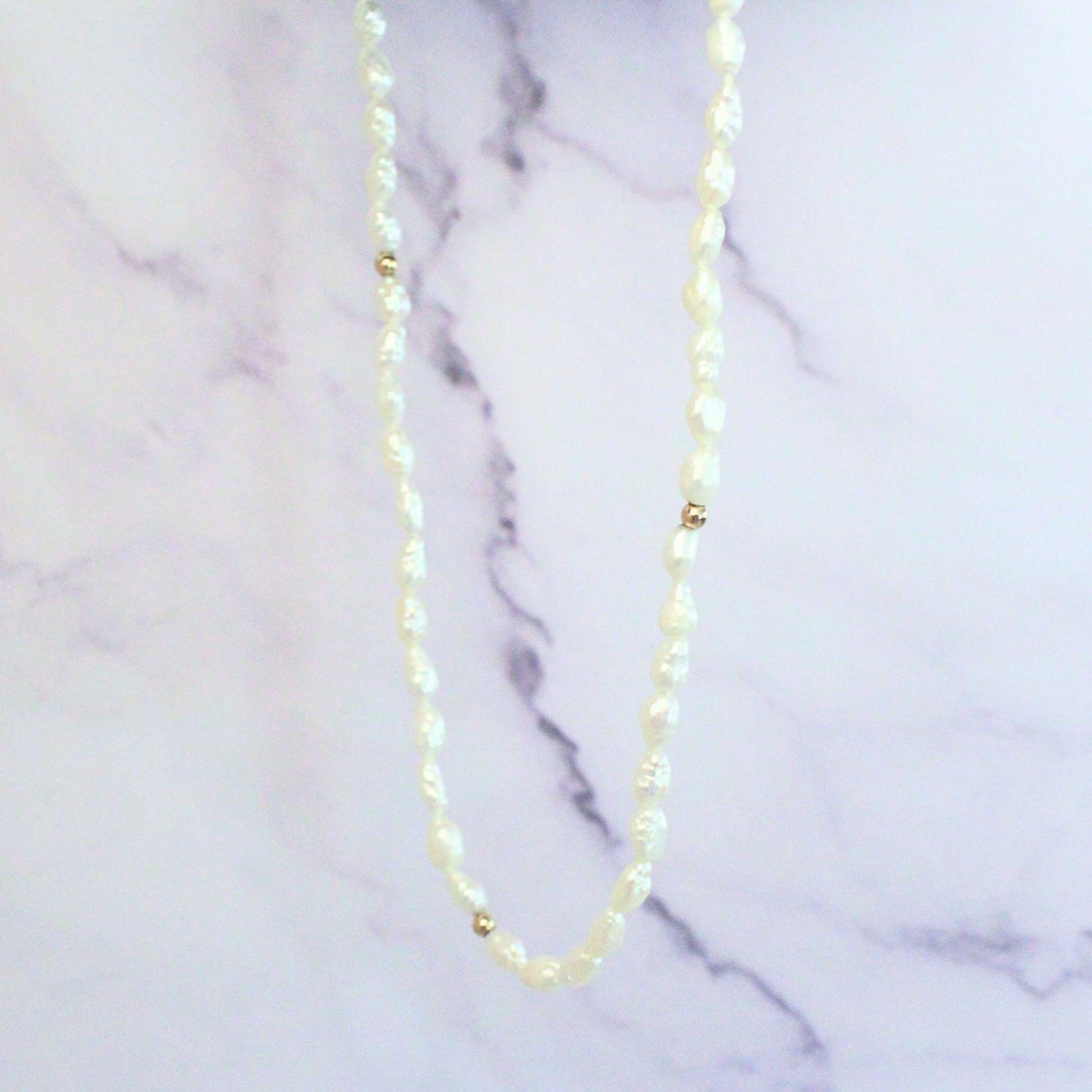 Authentic Rice Pearl 15” Necklace With 14k Solid Gold Beads Precious Fine Vintage Jewelry