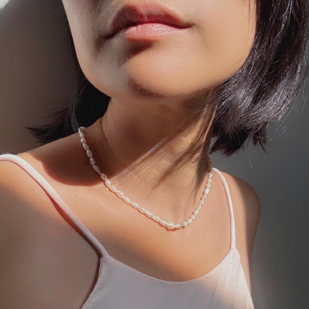 Authentic Rice Pearl 15” Necklace With 14k Solid Gold Beads Precious Fine Vintage Jewelry