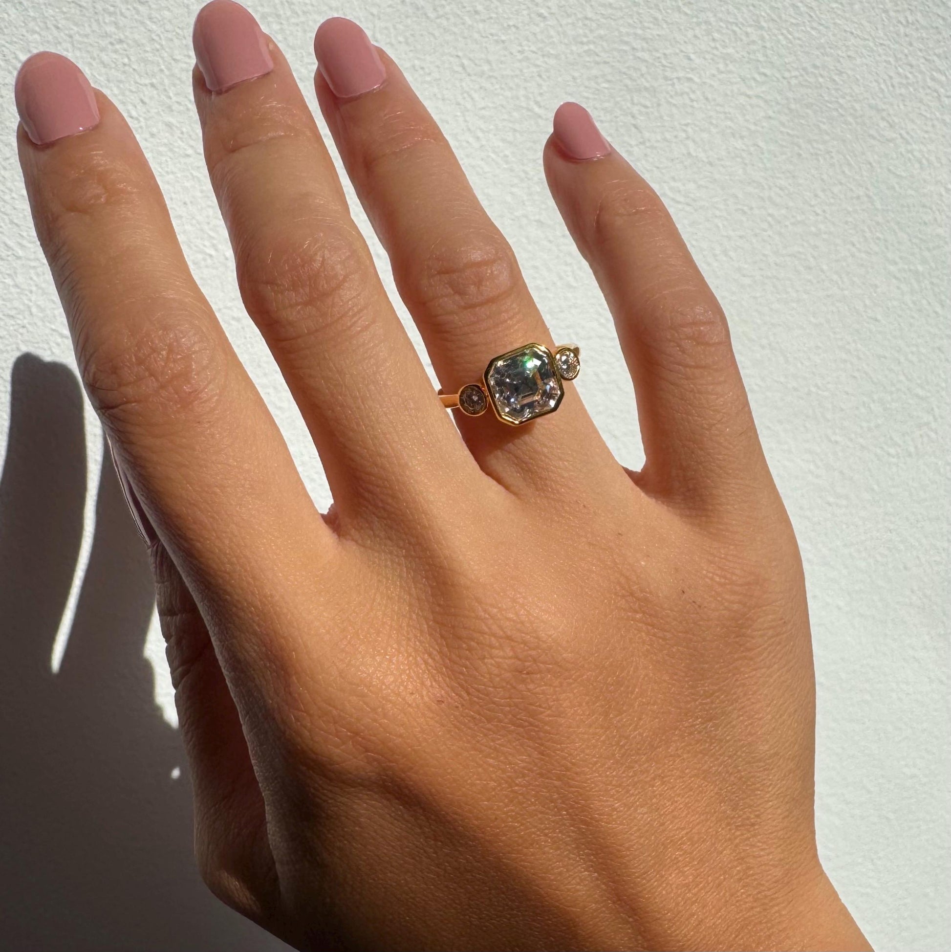 14K Solid Gold Hollow Avery Ring with 2ct Center Moissanite and 2 Side Zircon