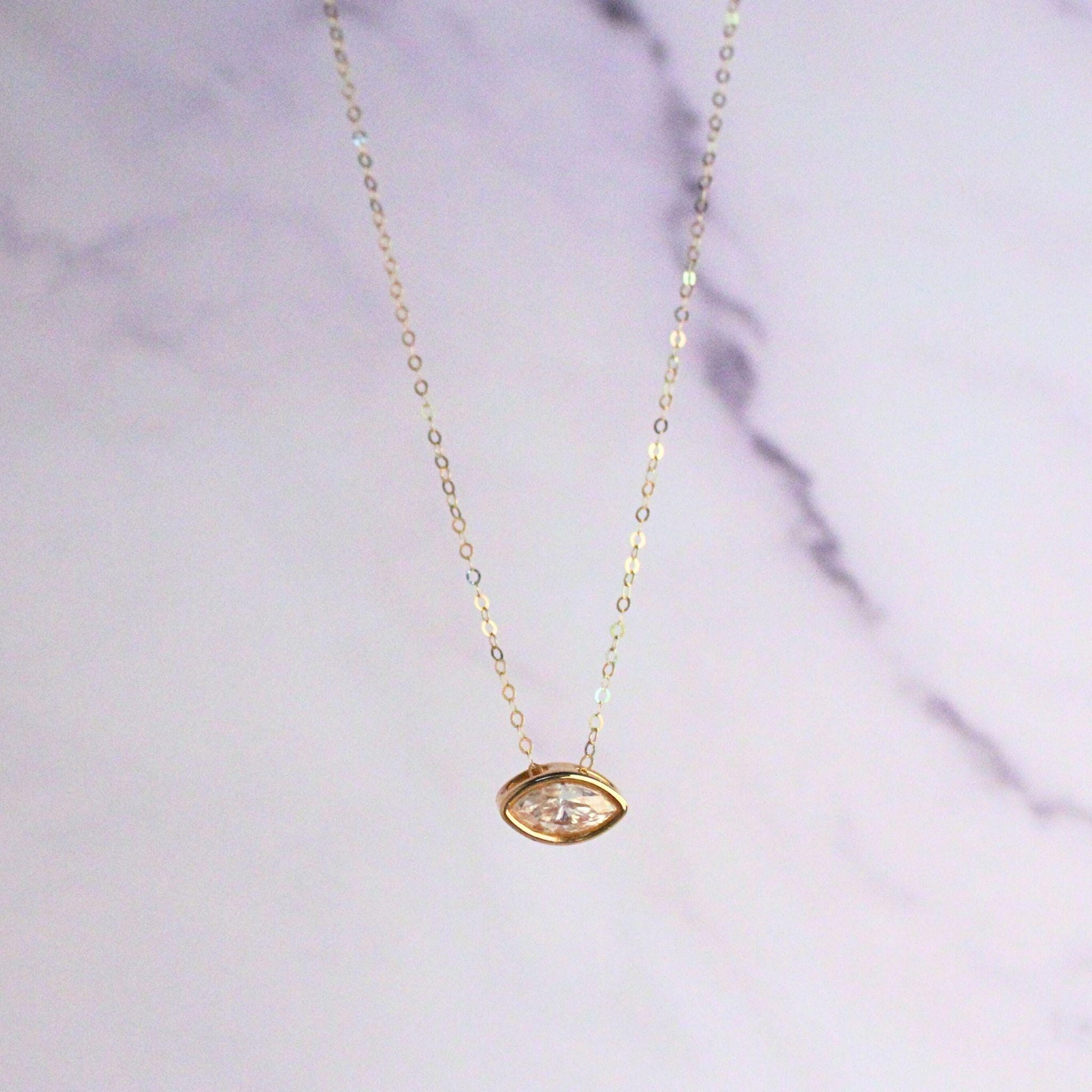 18K Solid Gold Marquise 0.5ct Moissanite Rose Necklace: Minimalist Bezel Setting