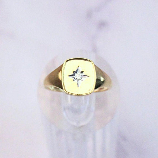 14K Solid Gold Astrid Signet Ring with Natural Diamond – Star Engraved Designd