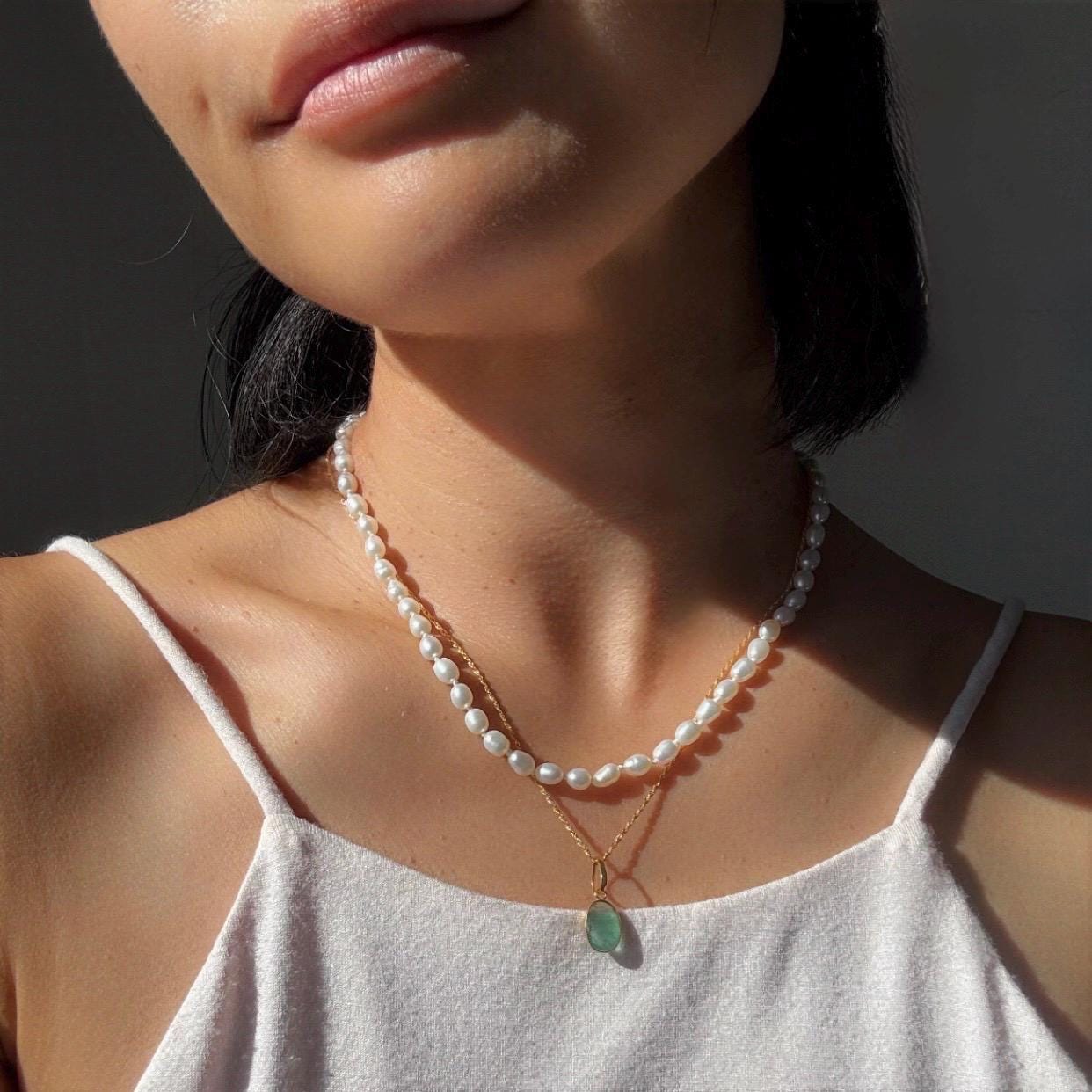 18K Solid Gold Emerald Lori Necklace: Dainty May Birthstone Pendant