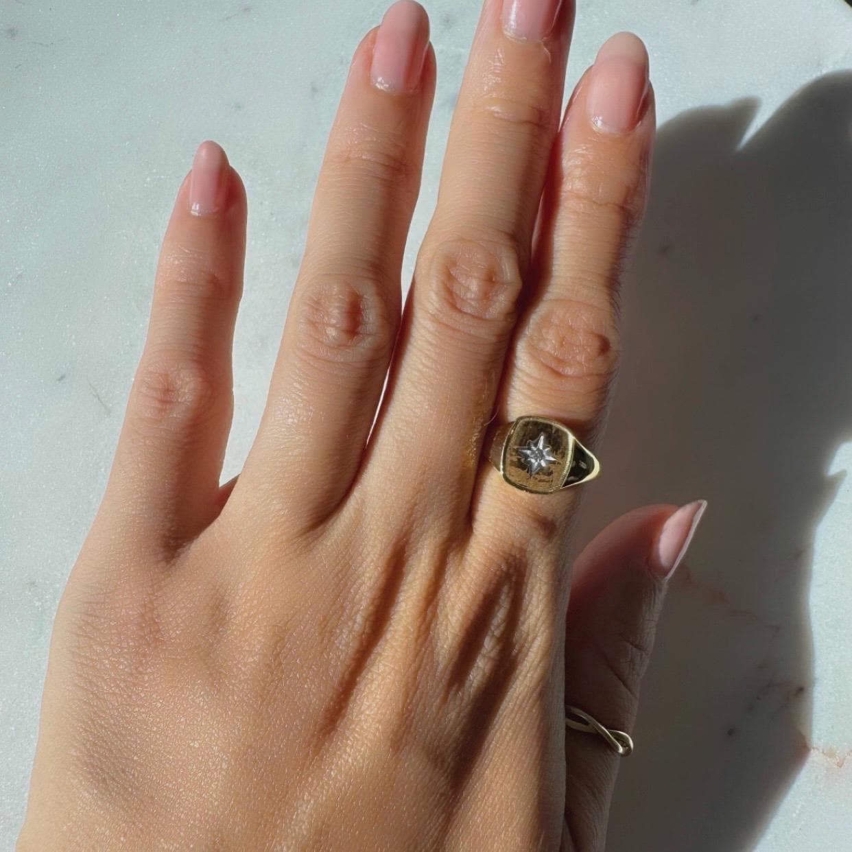 14K Solid Gold Astrid Signet Ring with Natural Diamond – Star Engraved Designd