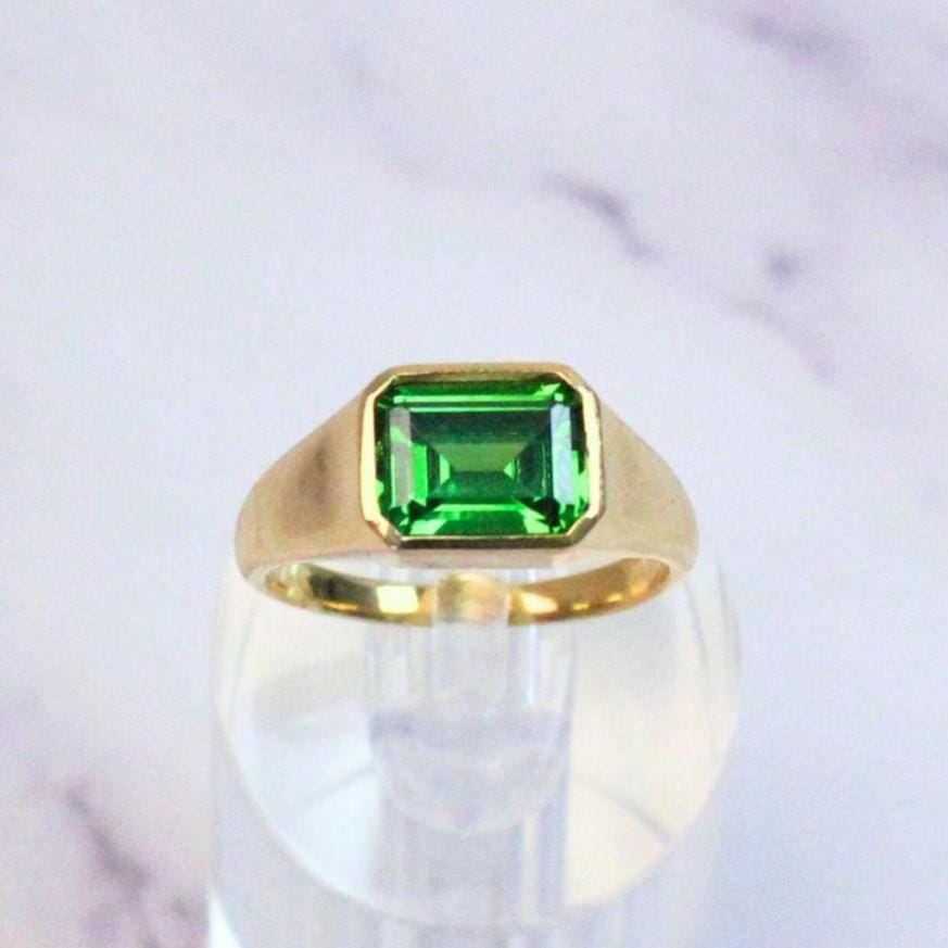 14K Gold Atlas Signet Ring: Emerald-Cut Synthetic Emerald Statement