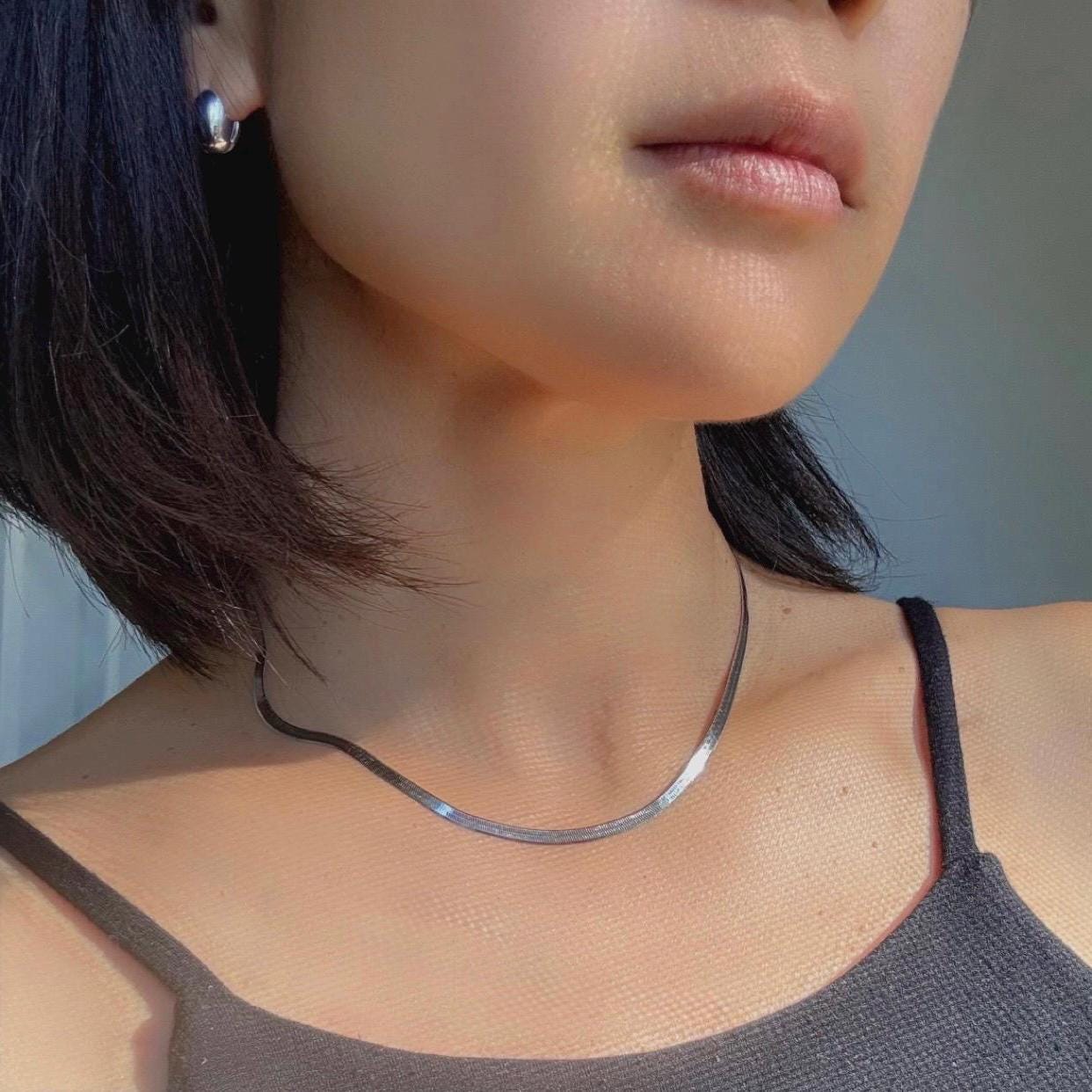 Sterling Silver Herringbone Elliot Necklace | 3mm Flat Snake Chain | 925 Solid Silver Choker | Minimalist Layering Necklace