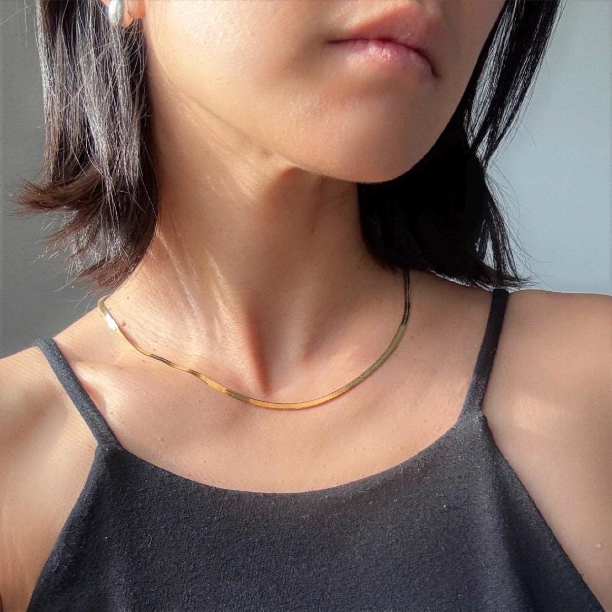 18K Plated Sterling Silver Herringbone Elliot Necklace | 3mm Flat Snake Chain