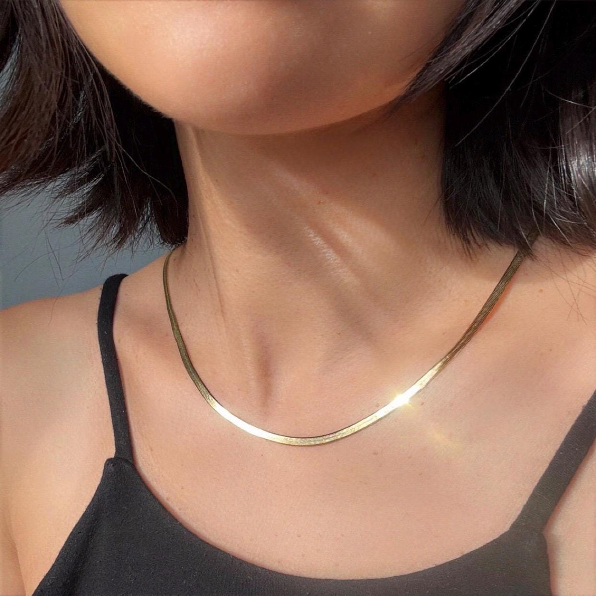 18K Plated Sterling Silver Herringbone Elliot Necklace | 3mm Flat Snake Chain