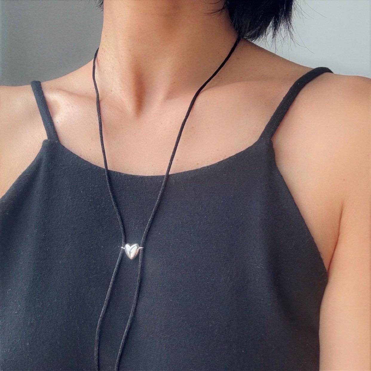 Sterling Silver Heart on Black Cord Amore Necklace| Minimalist Adjustable Necklace