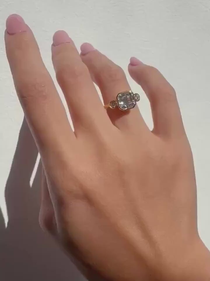 14K Solid Gold Hollow Avery Ring with 2ct Center Moissanite and 2 Side Zircon