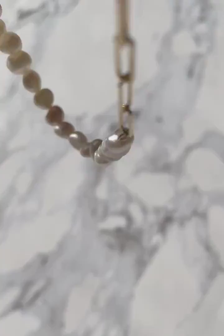 Freshwater Pearl Necklace: 14k Gold Plated Paperclip Chain, Adjustable Choker