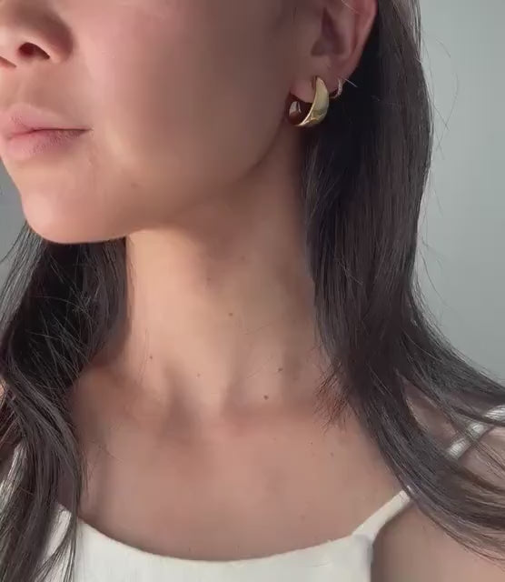 14k solid gold Thick Crescent Hoop Earrings – Modern & Bold minimalistic and elegant fine vintage jewelry