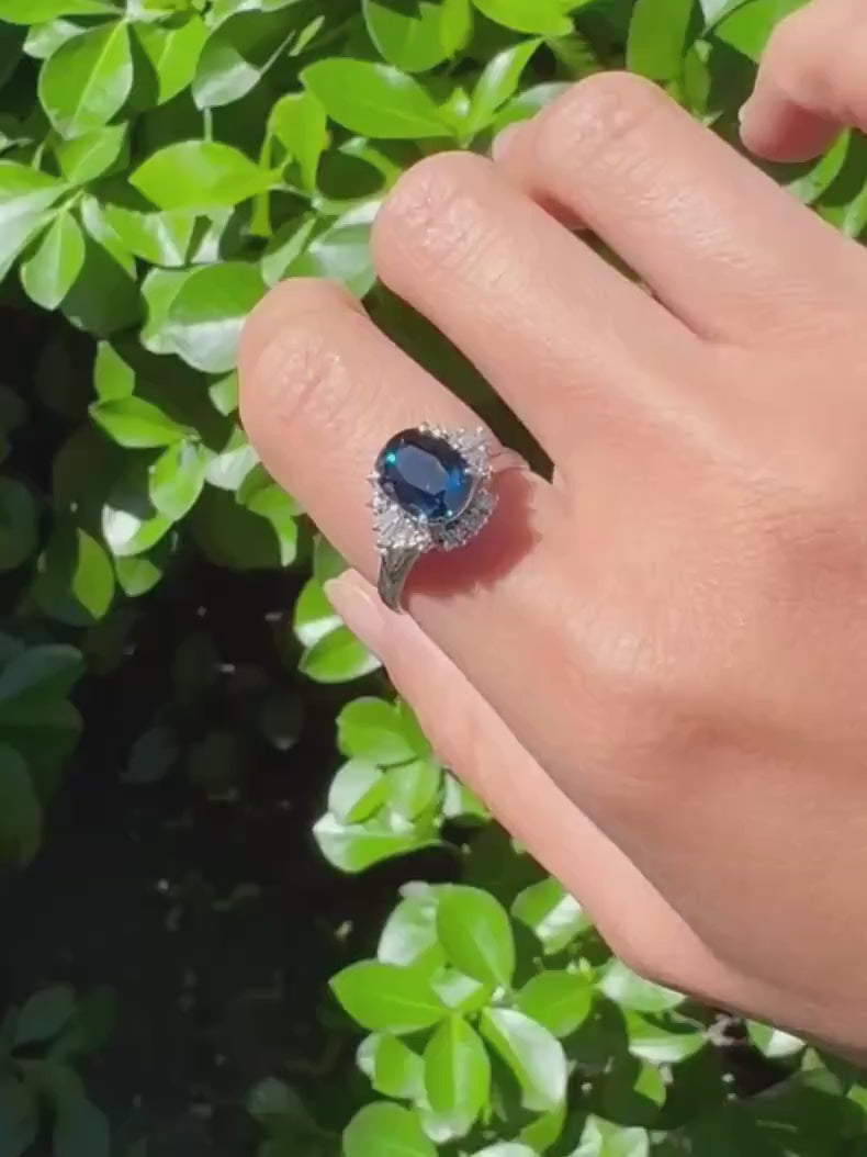Authentic natural deep blue sapphire and natural diamond ring with platinum band - Midnight Sparkle Ring precious vintage jewelry