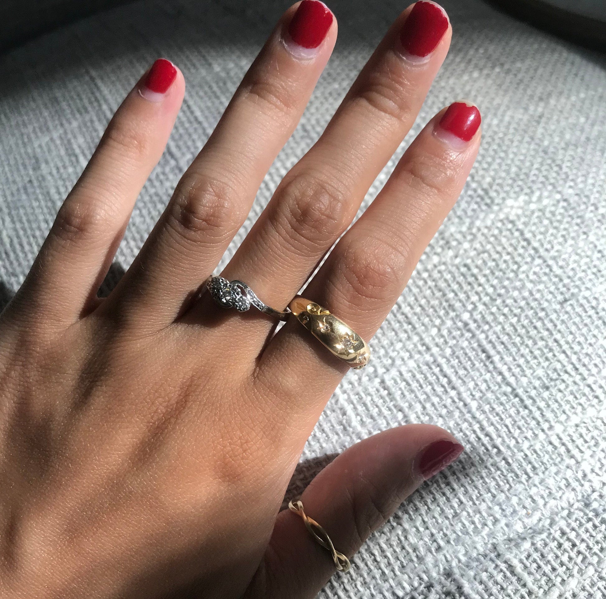 18k gold & platinum toi et moi 3 diamond bypass ring fine antique vintage jewelry