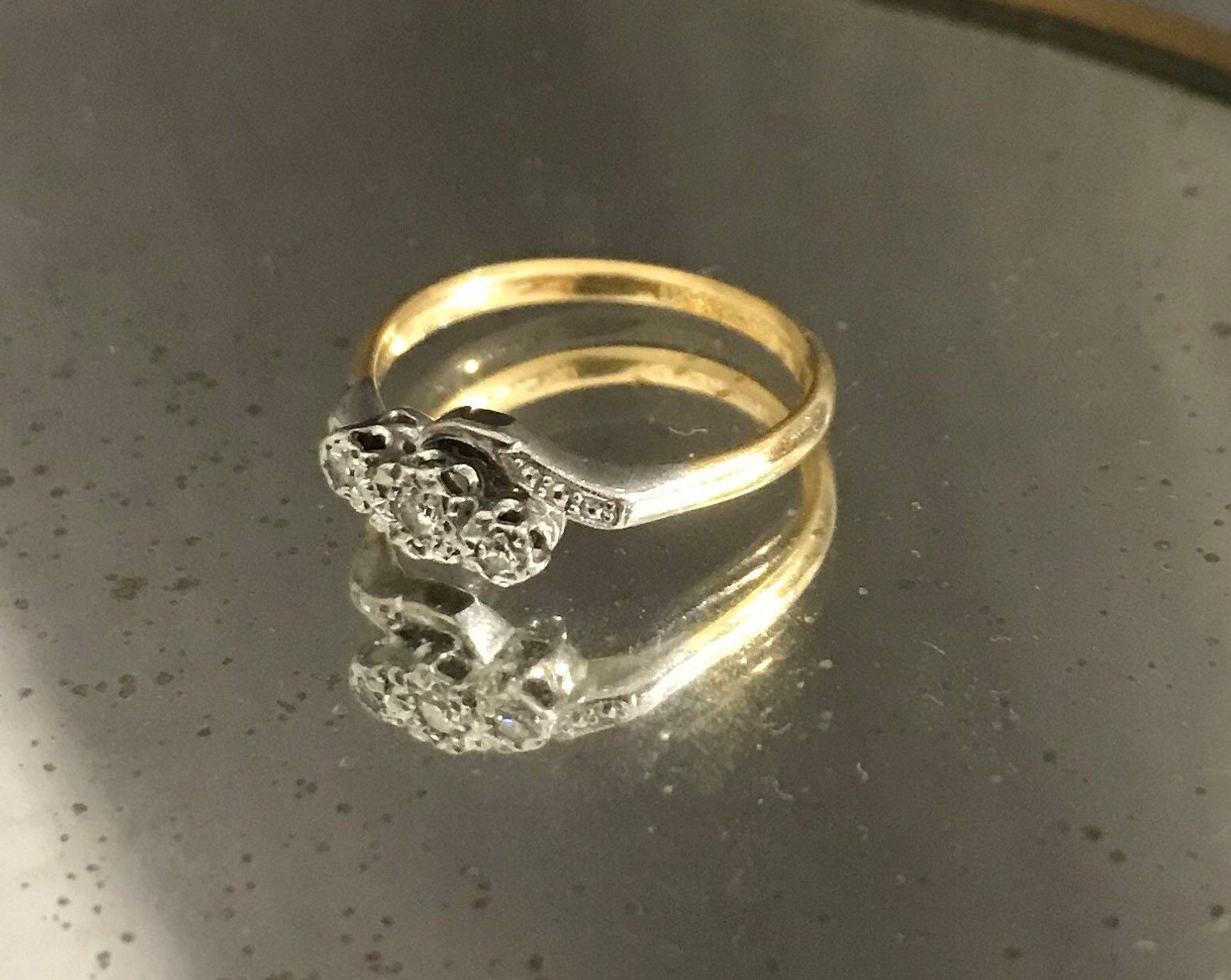 18k gold & platinum toi et moi 3 diamond bypass ring fine antique vintage jewelry