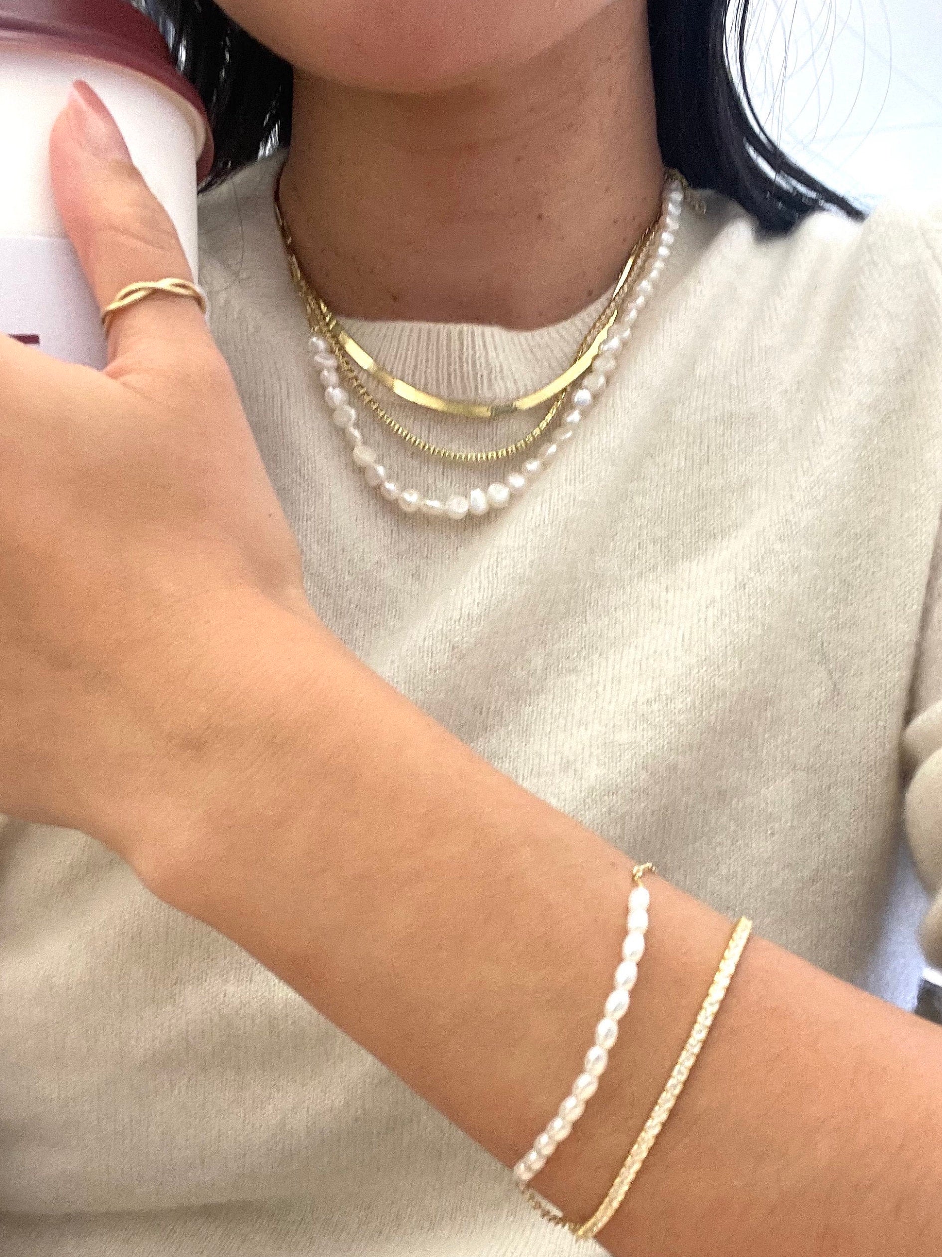 Freshwater Pearl Necklace: 14k Gold Plated Paperclip Chain, Adjustable Choker
