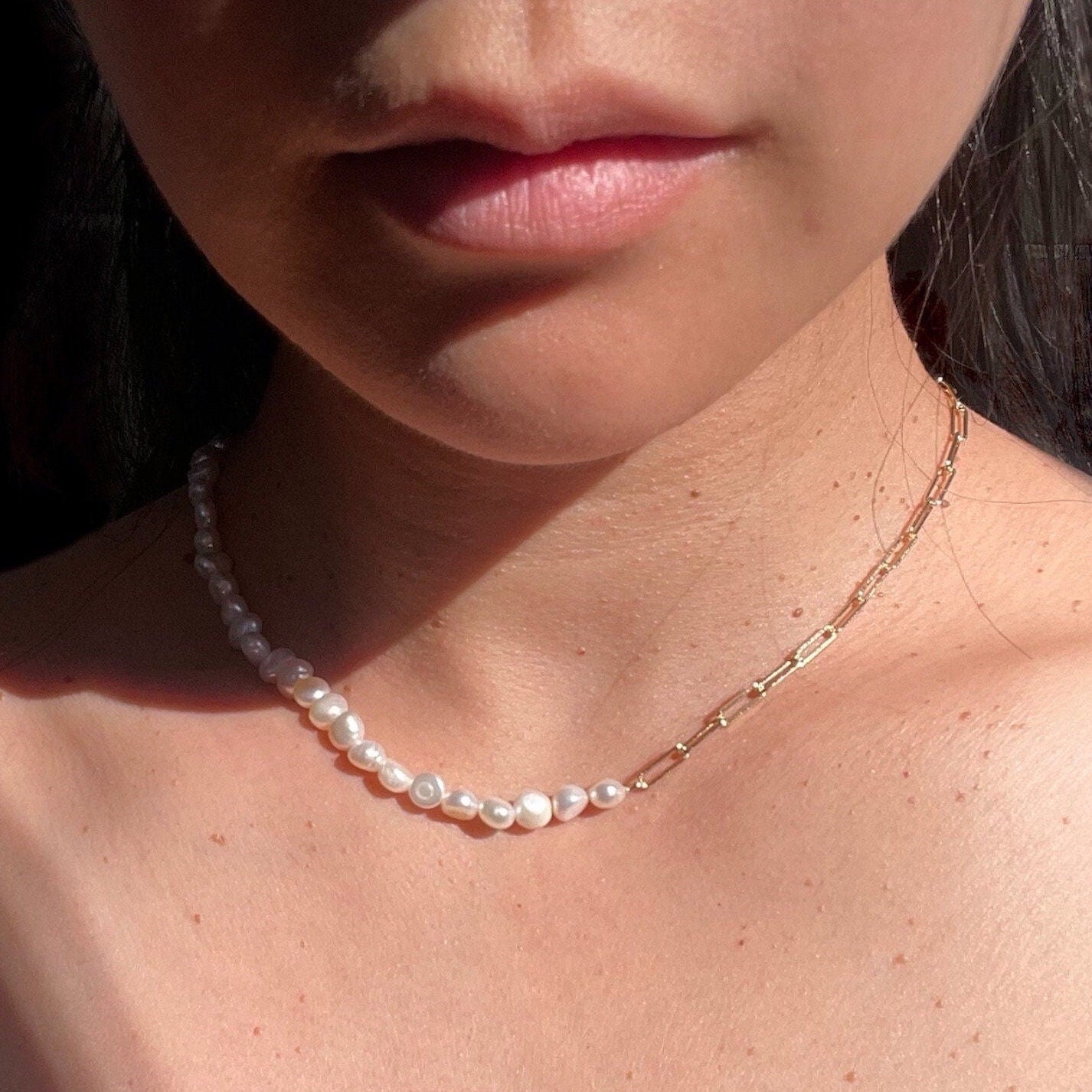 Freshwater Pearl Necklace: 14k Gold Plated Paperclip Chain, Adjustable Choker