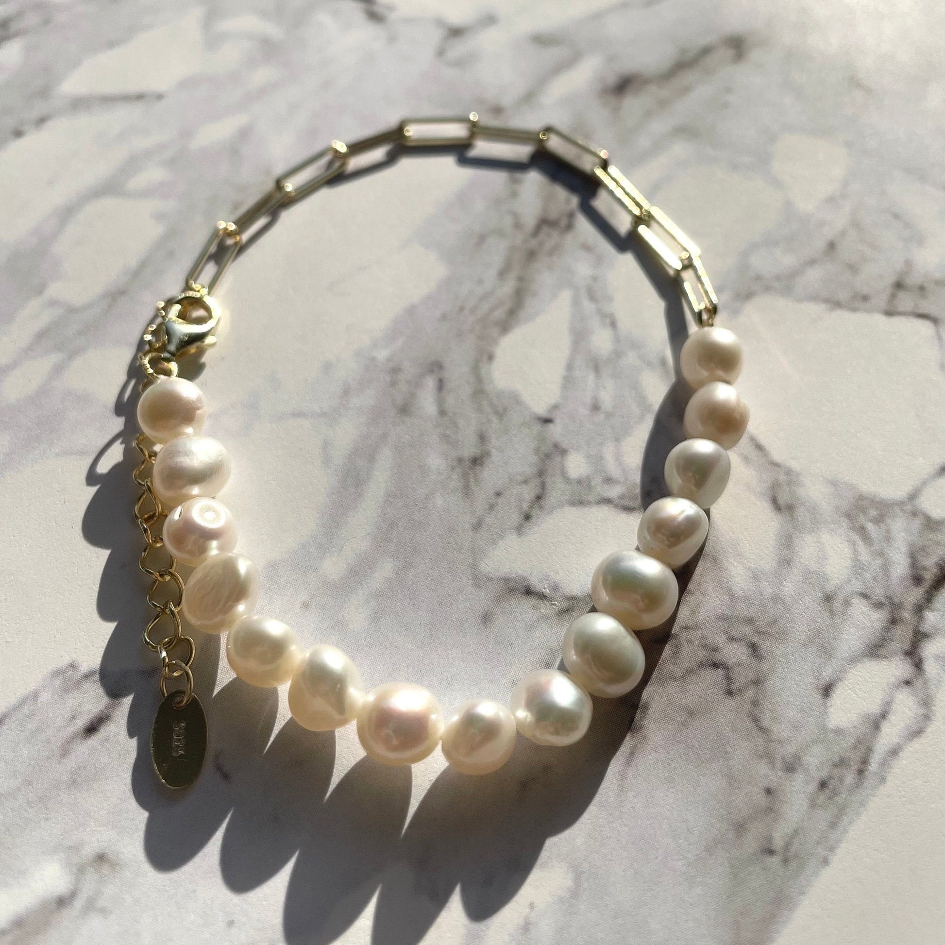 Natural Pearl Bracelet: 14k Gold Sterling Silver Paperclip Chain