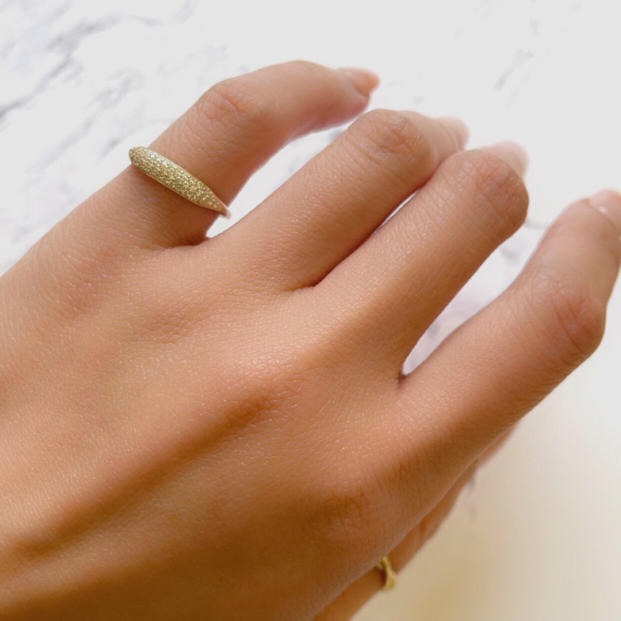 10k Solid Gold Basil Ring in CZ Pavé Design - Slim Signet Style