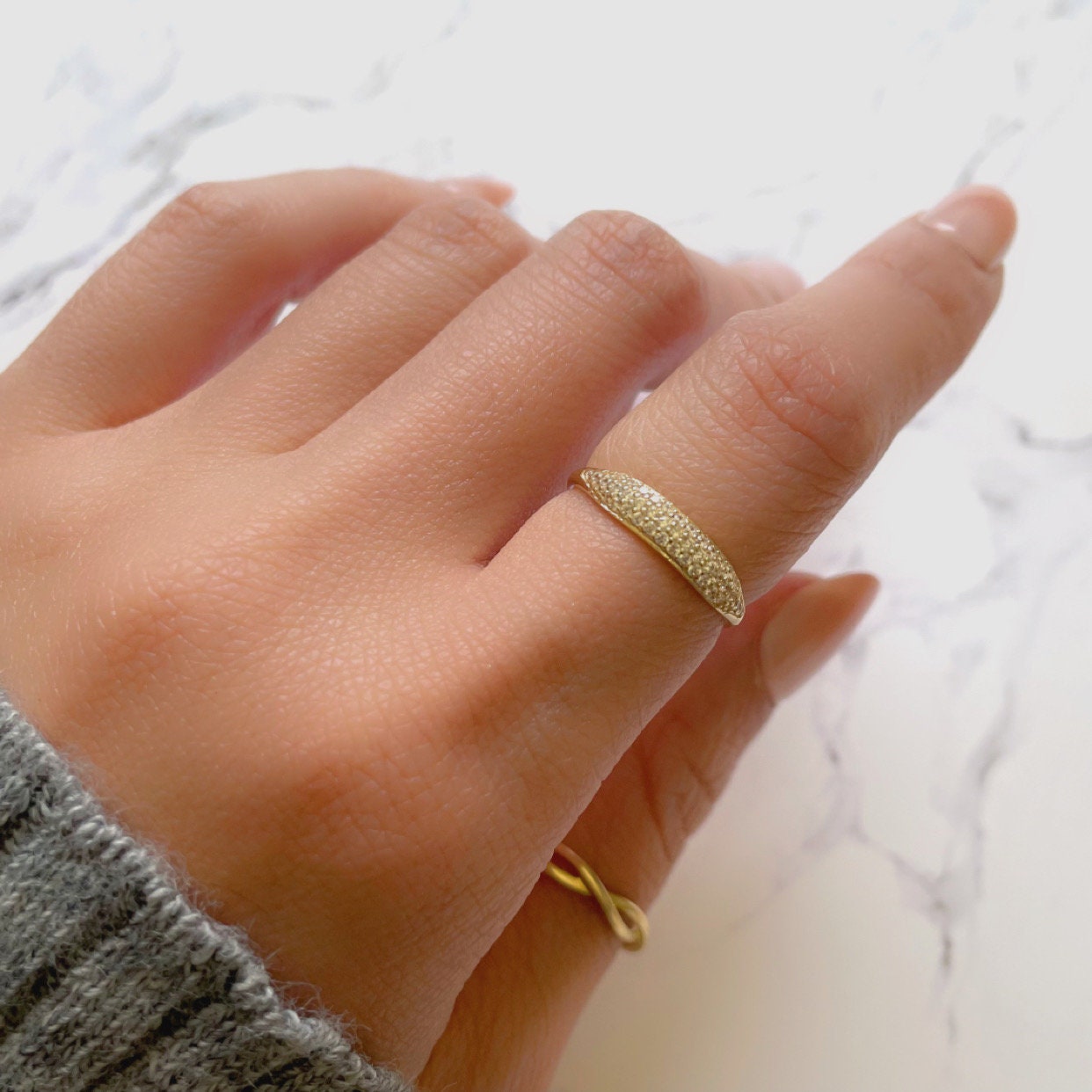 10k Solid Gold Basil Ring in CZ Pavé Design - Slim Signet Style