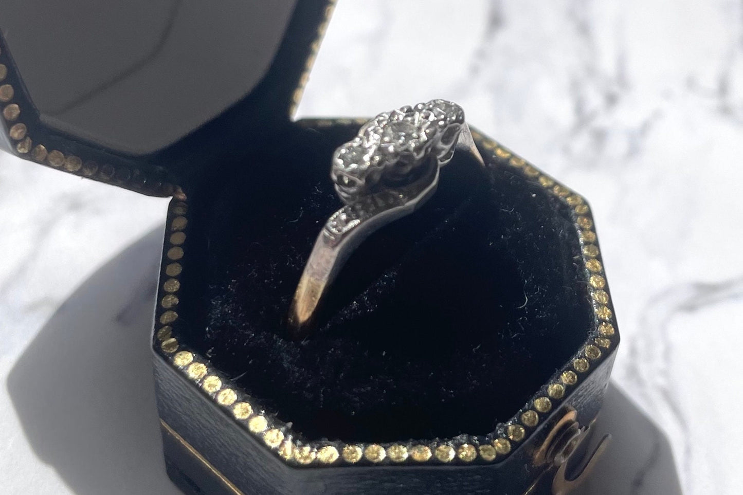 18k gold & platinum toi et moi 3 diamond bypass ring fine antique vintage jewelry