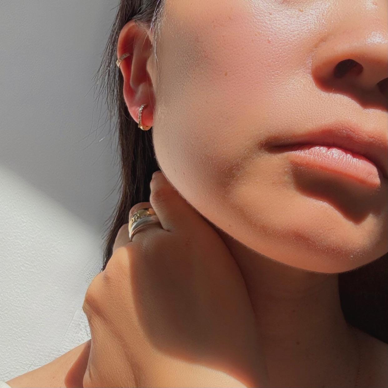 14k Gold Diamond Huggie Nova Hoop Earrings: Dainty Minimalist Jewelry