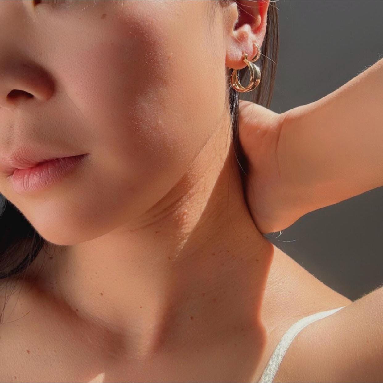 14k Solid Gold Tricolor Hoop Earrings: Twisted Huggie Style