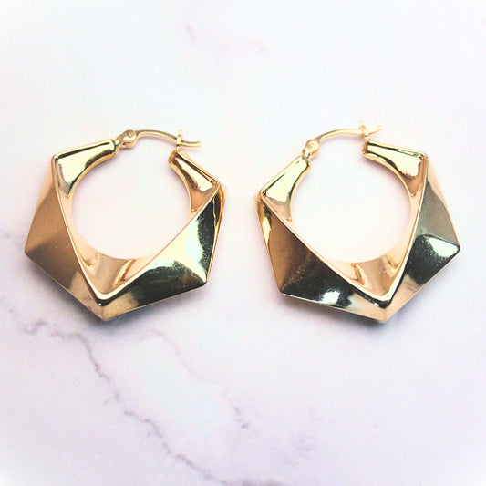 14k Solid Gold Twisted Pentagon Hoop Earrings: Sculptural Jewelry