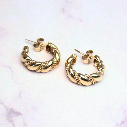 14k Solid Gold Rope Twist Huggie Hoops: Fine Vintage Jewelry