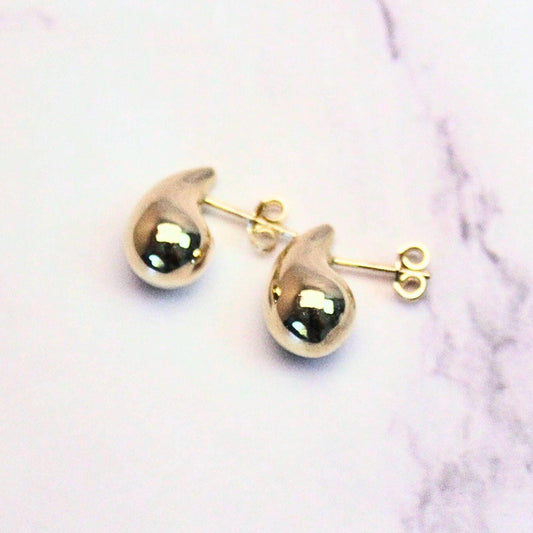 14k Solid Gold Teardrop Stud Lux Earrings: Minimalist Liquid Gold Jewelry