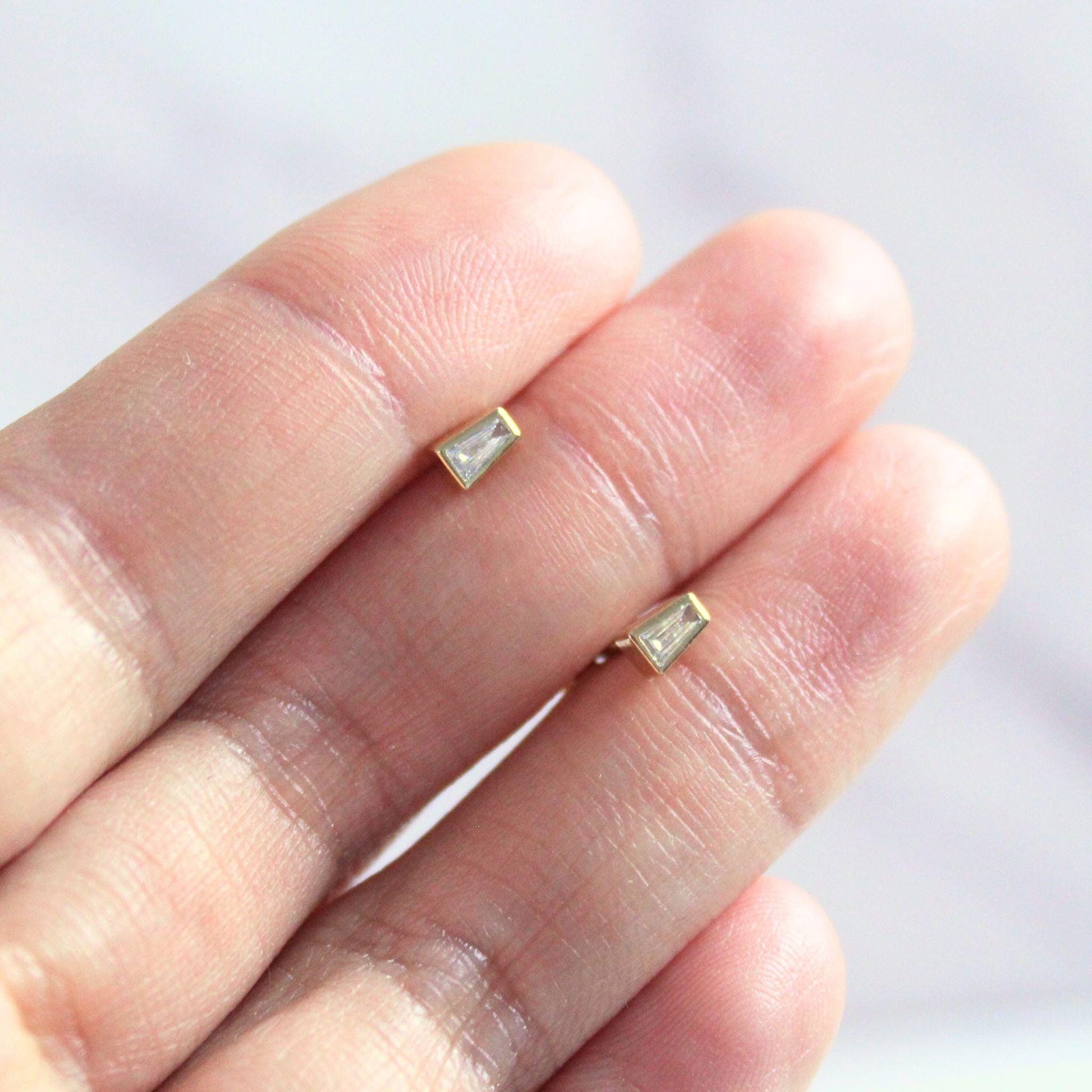 Luna Baguette Stud Earrings – Minimalist 14k solid Gold and Natural Diamond Studs modern minimalistic precious fine jewelry