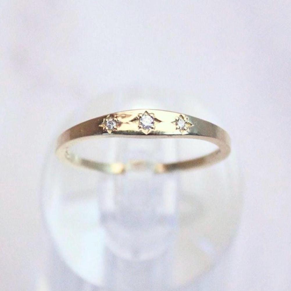 Dainty 14k Gold Amari Ring: Natural Diamond in Star Settings Celestial Band