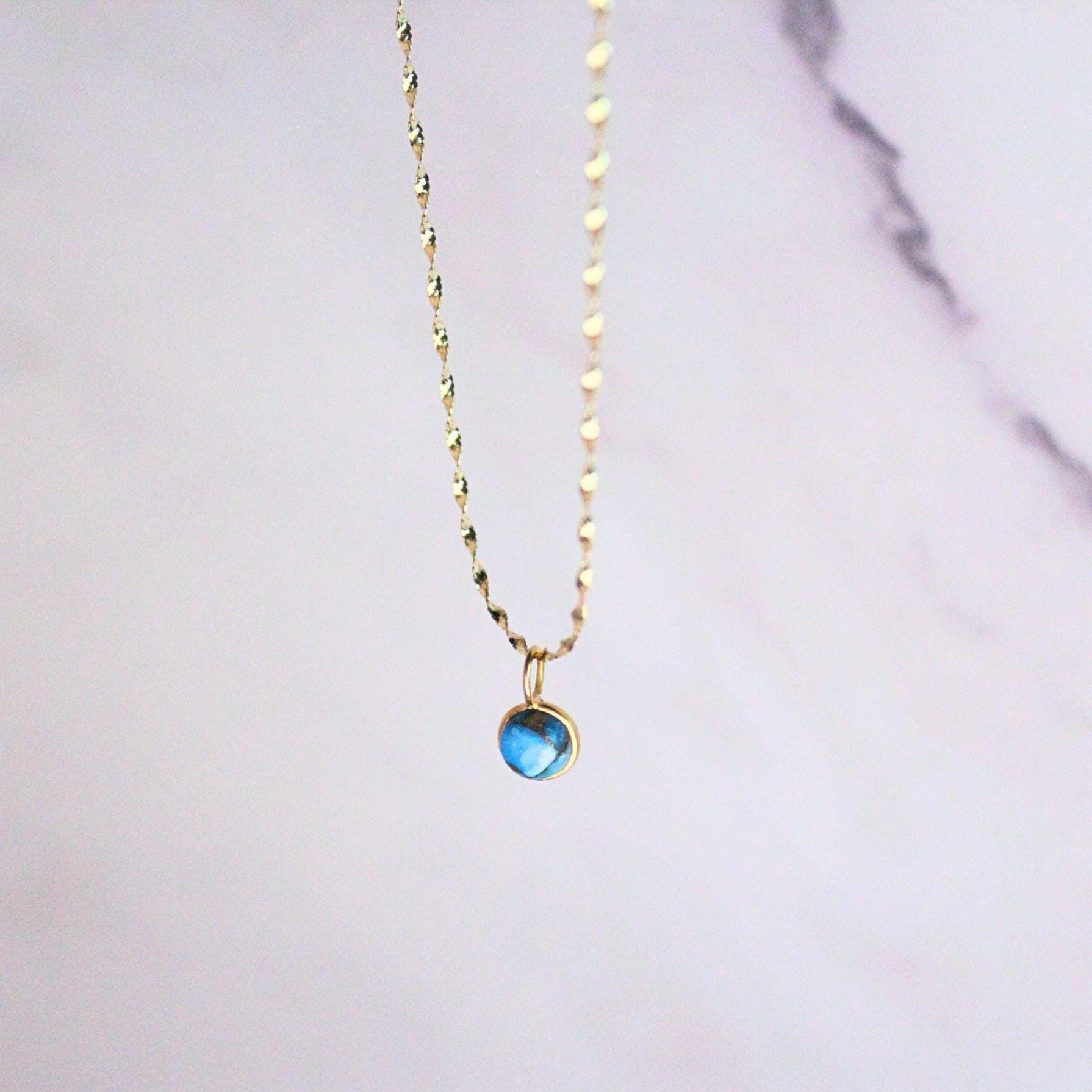 14K Solid Gold Copper Turquoise Lori Necklace: Dainty December Birthstone