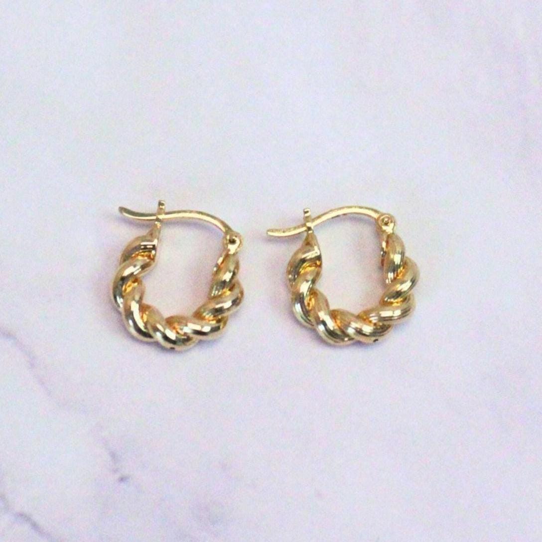 New 18k Solid Gold Twisted Mini Ari Hoop Earrings – Petite Elegance with a Twist– Real Gold Bold Mini Hoops