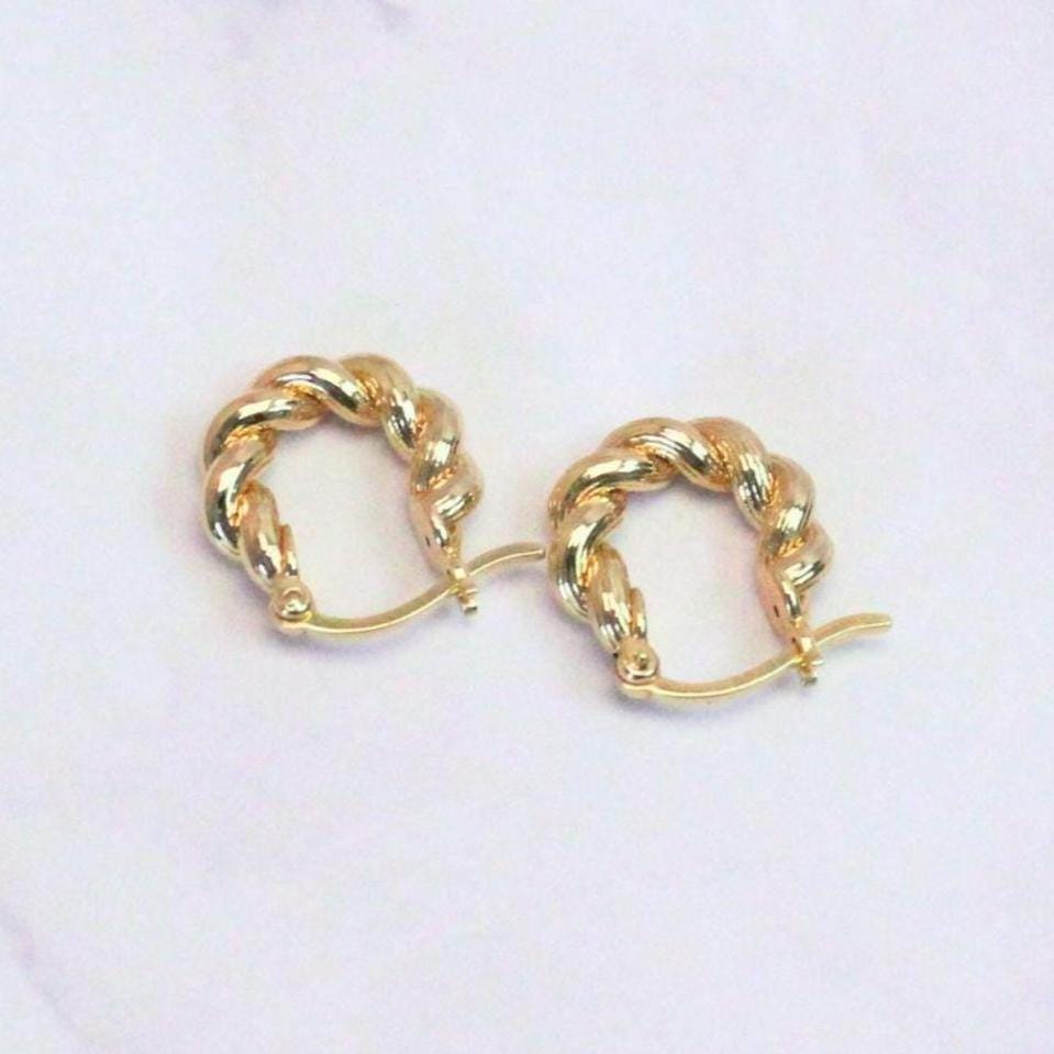 New 18k Solid Gold Twisted Mini Ari Hoop Earrings – Petite Elegance with a Twist– Real Gold Bold Mini Hoops