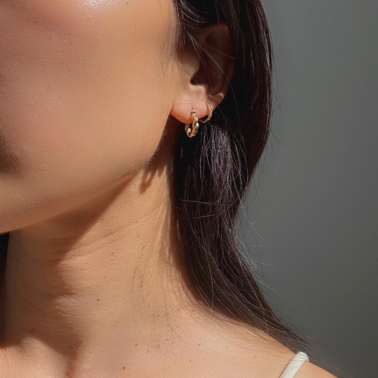 New 18k Solid Gold Twisted Mini Ari Hoop Earrings – Petite Elegance with a Twist– Real Gold Bold Mini Hoops