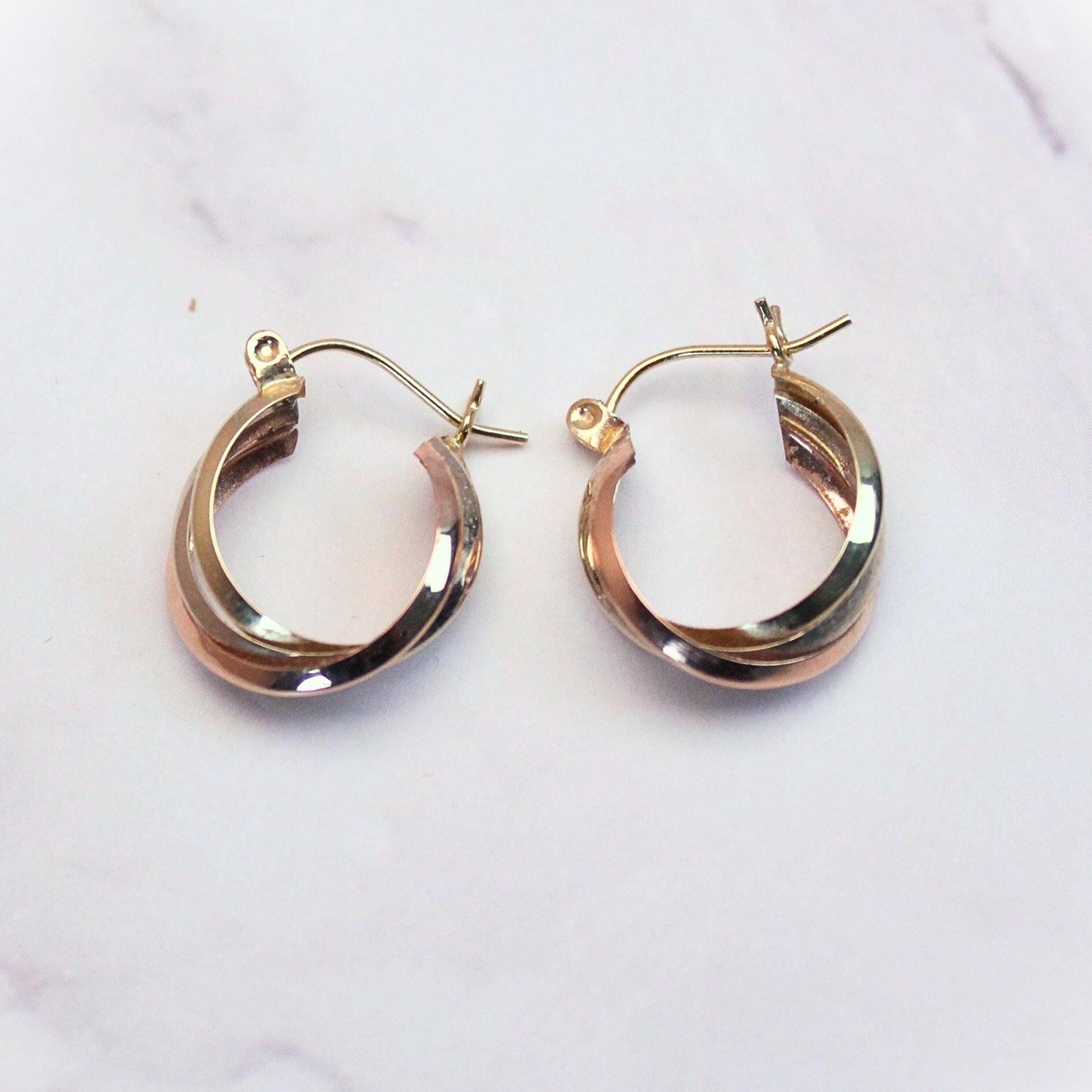 14k Solid Gold Tricolor Hoop Earrings: Twisted Huggie Style