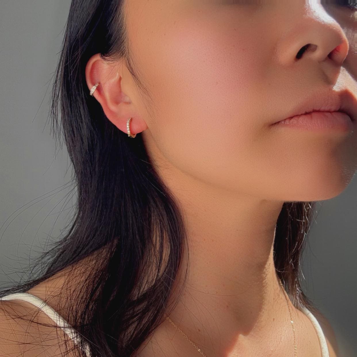 14k Gold Diamond Huggie Nova Hoop Earrings: Dainty Minimalist Jewelry